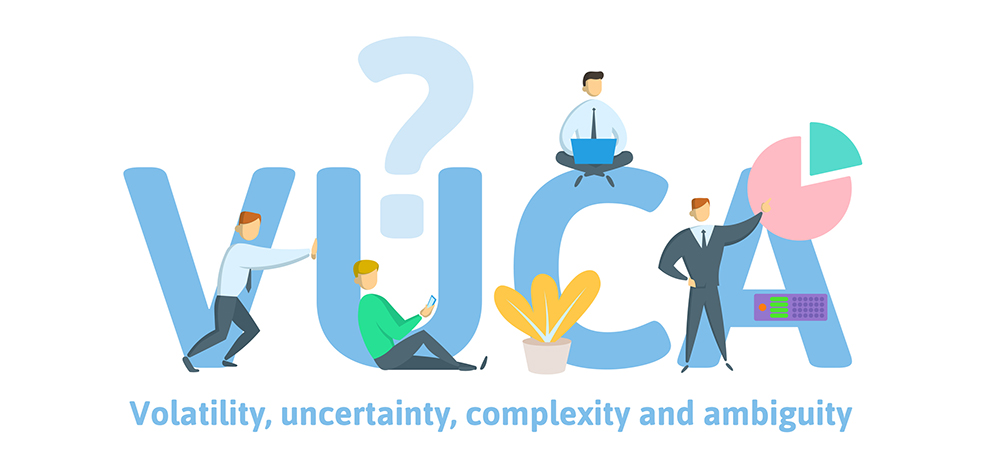 VUCA, volatility, uncertainty, complexity and ambiguity of general conditions and situations. Concept with keywords, letters and icons. Flat vector illustration on white background.