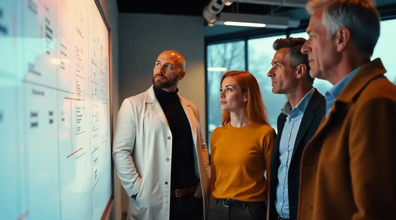 A team collaborating during a workshop for The Five Behaviors of a Cohesive Team.